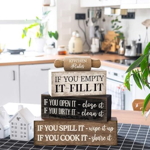 Moucuny 4 Pcs Farmhouse Tiered Tray Decor, Kitchen Rules Wooden Signs