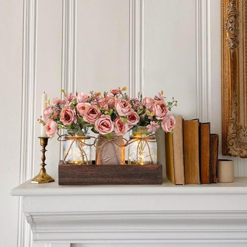 3 Pcs Mason Jar Centerpiece Table Decorations for Dining Table Decor Farmhouse Coffee Table Decor with Wood Tray and