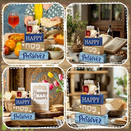 Lineshading 4 Pcs Wooden Passover Block Signs Farmhouse Tiered Tray Decor