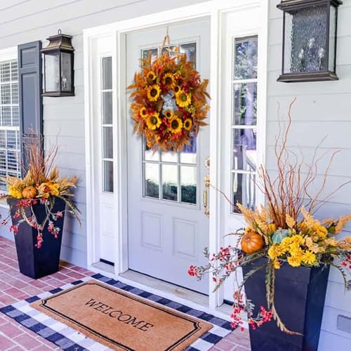 24 Inch Harvest Fall Wreaths for Front Door with Sunflower and Red Berries