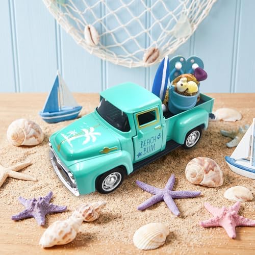 Beach Decor Metal Truck with Mini Fake Beach Buckets Surfboards Flip Flops