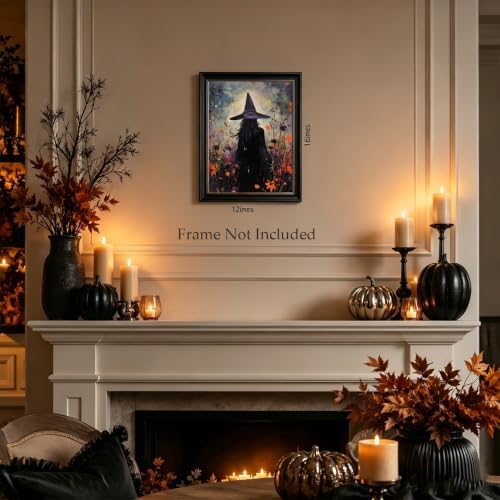 ILLBDR Halloween Witch with Flowers Canvas Wall Art Poster 12x16 inch