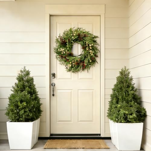 26" Norfolk Pine Wreath, Large Greenery Wreath for Front Door, Green Year Round Real Touch Artificial Greenery Wreath for Wall Porch Rustic Farmhouse Home Decor, with Lights, Red Bow, FF10
