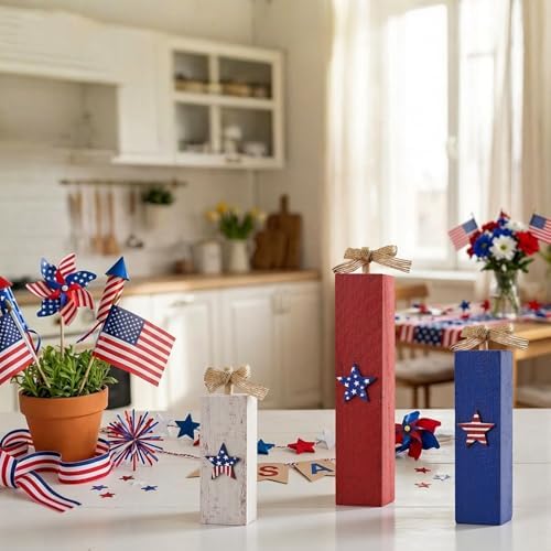 Smile Wooden Patriotic Star Decor Blocks - 3-Piece Red, White, Blue Distressed Design, Tabletop Shelf Accents for 4th of July & American Holiday Decoration