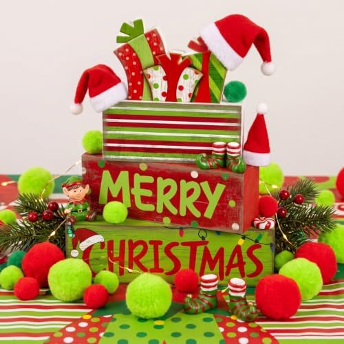 Lineshading 4 Pcs Christmas Table Decor - Red Green Gift Box Wooden Blocks