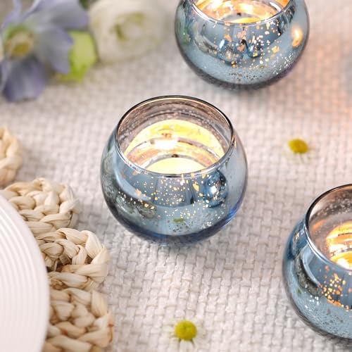 Volens 24PCS Blue Votive Candle Holder Bulk, Round Mercury Glass Votives