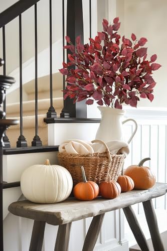 Artificial Fall Birch Leaves Stem - 6 Pcs Faux Autumn Greenery Long Stems 33.4" Tall Fake Plants with Branches Decorations for Thanksgiving Wedding Centerpieces Home Table Decor Floral Arrangements