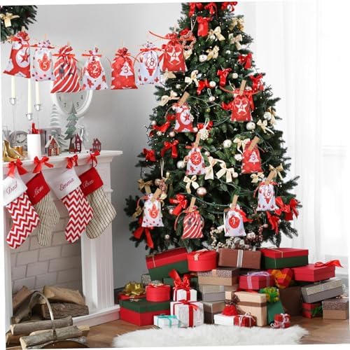 24 Pcs Christmas Drawstring Gift Wrap Bags Reusable Advent Calendar Bags Cute Xmas Candy Toys Goody Treat Bag Pocket for Holiday Weedings Birthdays Party Favor Home Storage Gift Bag