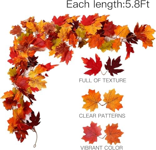 Sggvecsy 3 Pack Fall Maple Leaf Garland 5.7Ft/Piece Artificial Autumn Maple Leaves Garland Fall Leave Vines with Hanging Foliage for Home Indoor Outdoor Fireplace Wedding Thanksgiving Party Decor
