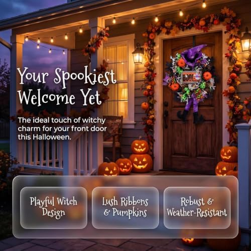 Halloween Wreath for Front Door,20 inch Whimsical mesh Wreath with Witch