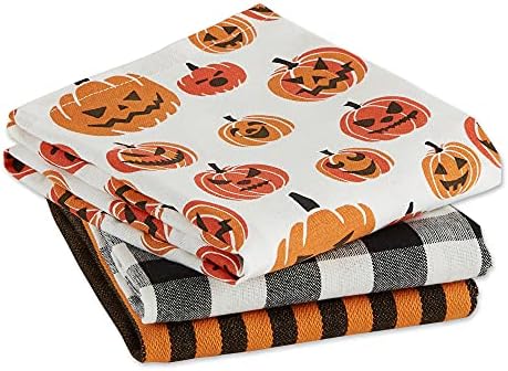 DII Halloween Hand Towels for The Kitchen Decorative Spooky & Fun Cotton Printed Dishtowel Set, 18x28, Black & White Buffalo Check/Orange Stripes, 3 Count