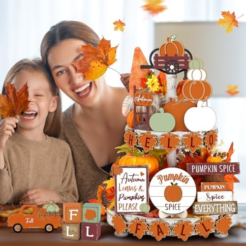 Maitys 21pcs Fall Tiered Tray Decor Set, Hello Fall Thanksgiving Pumpkin Wooden Signs Gnome Truck Wood Maple Leaf Garland Rustic Farmhouse Table Centerpieces for Autumn Thanksgiving Kitchen Home Decor