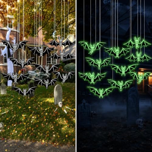 10PCS Glow in The Dark Halloween Bats, Upgraded Luminous PVC Hanging Bat Decorations, Waterproof Spooky Bat Wall Stickers for Indoor Outdoor Yard Porch Tree Window Halloween Decor