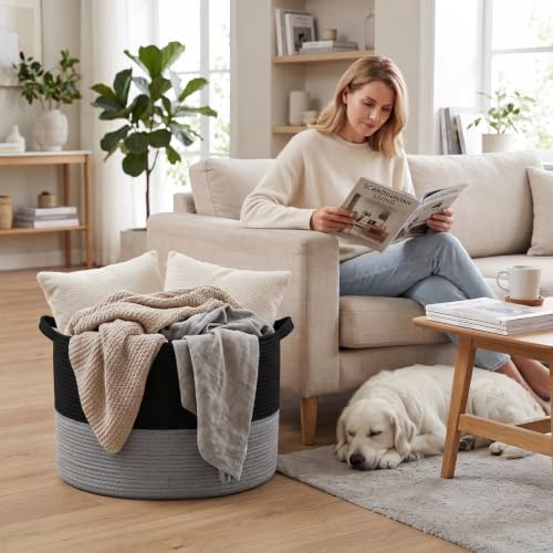 115L Large Blanket Basket,Woven Rope Laundry Basket-Black&Dark Grey