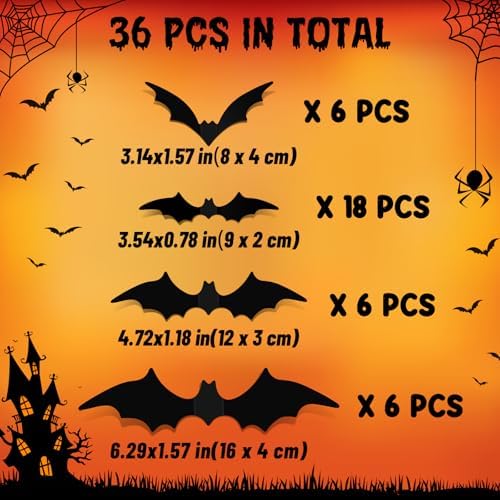NEBURORA 36 Pcs Halloween Bats Wall Decor Realistic 3D Scary Bat Sticker