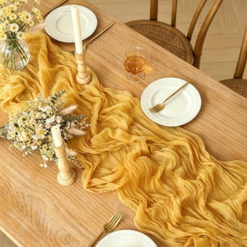 6Pcs Yellow Table Runner, 10FT Rustic Gauze Gold Table Runner 35*120inch Boho Table Runners for Wedding Bridal Shower Birthday Baby Shower Table Centerpiece Decorations