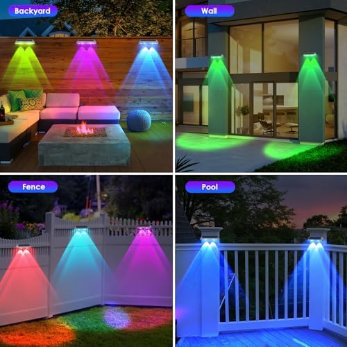 8 Pack Solar Fence Lights Outdoor - Warm White & RGB 6 Color, Dusk to Dawn Deck Light, Solar Powered Light Outdoor IP65