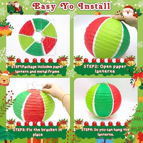 Christmas Paper Lanterns, 12 PCS Christmas Hanging Paper Lanterns Indoor Outdoor, Red Green and White Xmas Tree Candy Bell Lantern for Christmas Party Decorations Home Holiday Decor
