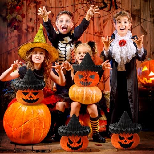 Fourluoo 6 Pcs Halloween Pumpkin Witch Hat Paper Honeycomb Centerpieces