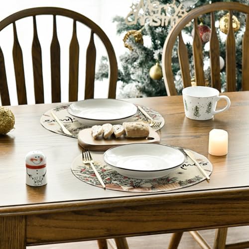 Artoid Mode Xmas Trees Holly Pine Cone Merry Christmas Round Placemats Set of 4, 14 Inch Winter Round Table Mats for Dining Decoration