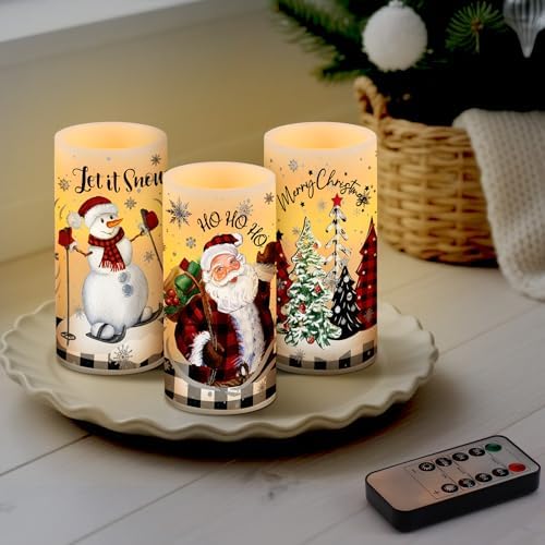 Retisee 3 Pcs Christmas Flameless Candles with Remote Timer Real Wax LED Flickering Pillar Candle White Cold Light Battery Operated for Home Window Xmas Gift Winter Holiday Decor(Buffalo Plaid)