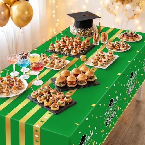 Childom 3 Pack Graduation Tablecloth,Graduation Decorations 2026 Graduation Party Decorations,54"x108" Green and Gold Graduation Decorations,Plastic Table Cloth Disposable Rectangle for Party Supplies