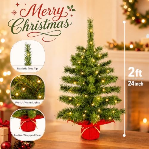 2ft Pre-lit Artificial Mini Christmas Tree,Small Xmas Tree