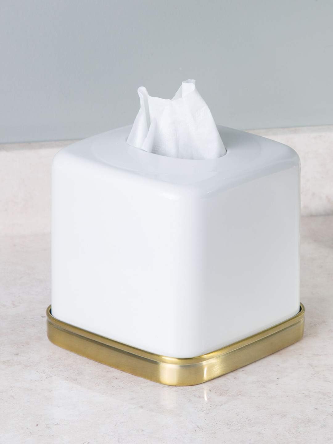 York Decorative Steel Tissue Box Cover / Soft Brass and White / 5.5 x 5.5 x 5.5