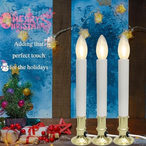 4 Pack Electric Christmas Window Candle, Brass Plated Base Window Candles with Sensor Dusk to Dawn, Candle Set for Home & Kitchen for Window Table Christmas Decorations