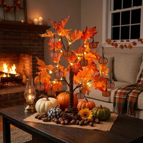 hogardeck Fall Decorations for Home, Thanksgiving Decorations, 24”2FT Lighted Maple Leaves Tree with 24 LEDs & 12 Wood