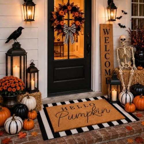 Tinideya 2 Pcs Halloween Hello Pumpkin Doormat, Black