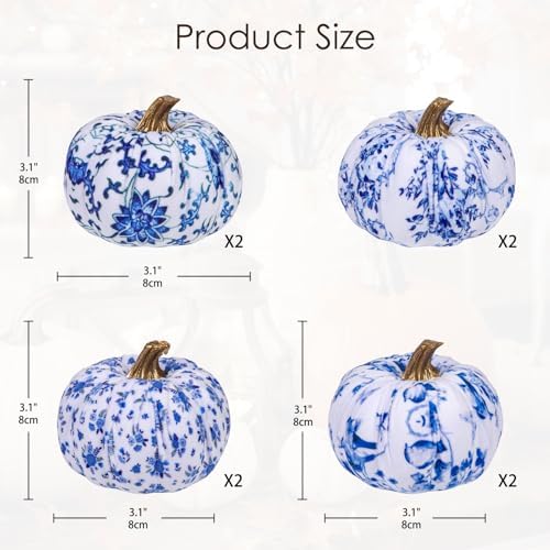 GnFlus Fake Pumpkin Decor 8 Pcs Faux Pumpkins Small Blue and White Velvet Pumpkins Mini Artificial Pumpkin Fall Decorations for Home Table Farmhouse Mantel Halloween Thanksgiving