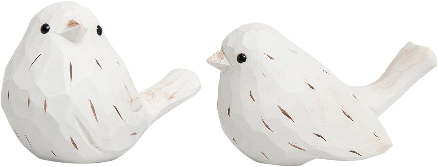Rustic White Carved Bird Statues / White Farmhouse Birds / Set of 2