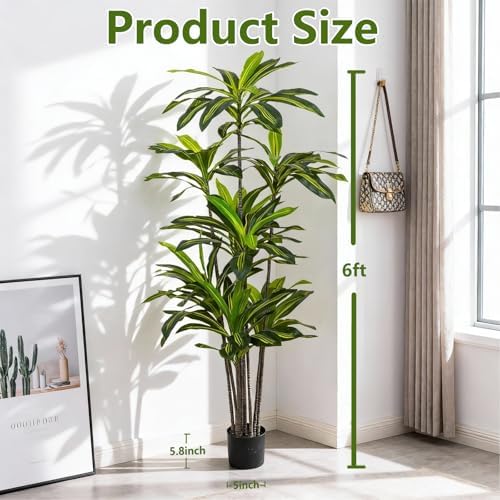 6FT Dracaena Artificial Plant - Large Tropical Indoor Fake Tree with Lifelike Leaves - Tall Faux Floor Plant in Pot for