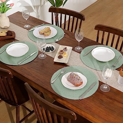 SHACOS Round Placemats Set of 6 Washable 15 inch Cotton Polyester Table Mats Woven Braided Place Mats for Dining Table, Sage Green