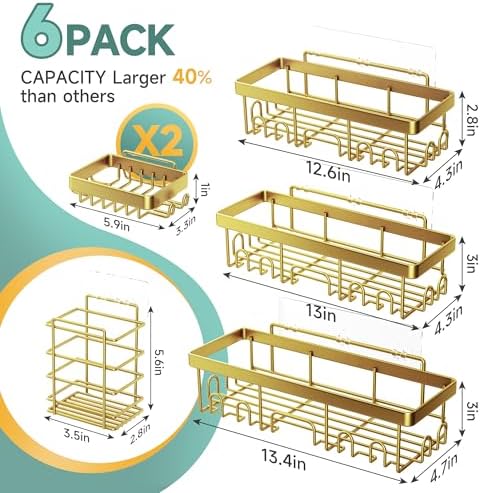Veken Adhesive Shower Caddy 6-Pack,Gifts for Women Mom,Heavy Weight Bearing,Large Wall Mounted Bathroom Shelves