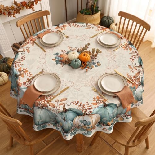 Fall Round Tablecloth 90 Inch, Stain Resistant Washable Fabric Autumn Pumpkin Table Cloth Round Fall Tablecloth Table Cover for Kitchen Dining Party