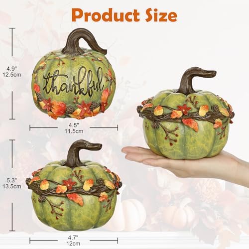 Fall Pumpkin Decor 2Pcs Fake Pumpkins Green Resin Carved Pumpkin Small Decorative Faux Pumpkins Fall Artificial Pumpkins for Home Table Farmhouse Mantel Halloween Thanksgiving Harvest Centerpieces
