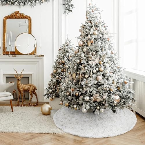 Christmas Tree Skirt 36 inch Gold Christmas Tree Skirt Embroidered Sequins Faux Fur for Xmas Holiday Home Party Decorations
