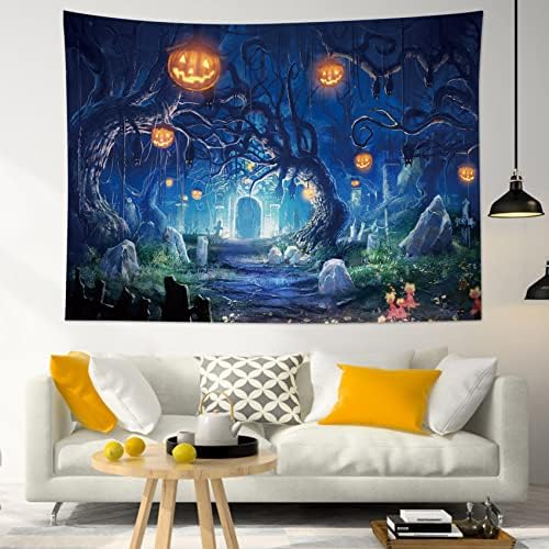 HVEST Halloween Tapestry Night Tapestry Wall Hanging Haunted Woods with Grave and Pumpkins Wall Blanket for Bedroom Living Room Dorm Decor,60W X 40H inches