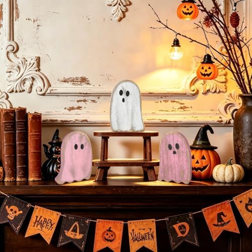 3Pcs Halloween Table Decorations Indoor, Farmhouse Halloween Cute Ghost Decorations, Rustic Ghost Table Centerpieces Signs Tiered Tray Decor for Home Mantel Shelf Office Party Supplies (Pink)