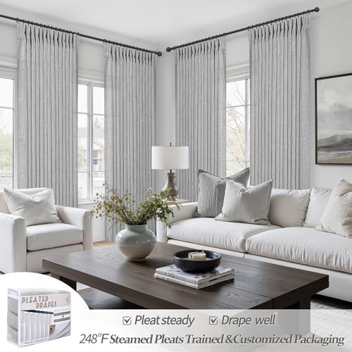 PleatedDrapes Light Grey Pinch Pleat Curtains 105 Inches Extra Long for Room Divider, Memory Shape Semi Sheer Natural