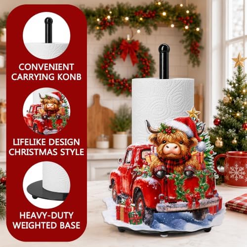Christmas Highland Cow Paper Towel Holder, Farmhouse Xmas Kitchen Countertop Decor, Highland Cow Paper Towel Roll Stand, Christmas Housewarming Birthday Gift for Women Mom