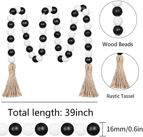 Meplait Wood Bead Garland, 39in Decorative Tassels Garland, Black&White
