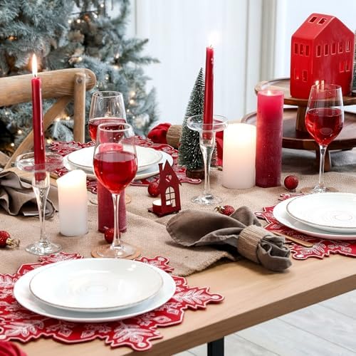 HunnmingRe Christmas Snowflake Placemats Set of 6 Embroidered Snowflake Table Mats 14 Inch Velvet Red Christmas Table Decorations Xmas Washable Placemats for Xmas Holiday Tabletop Home Dining Kitchen