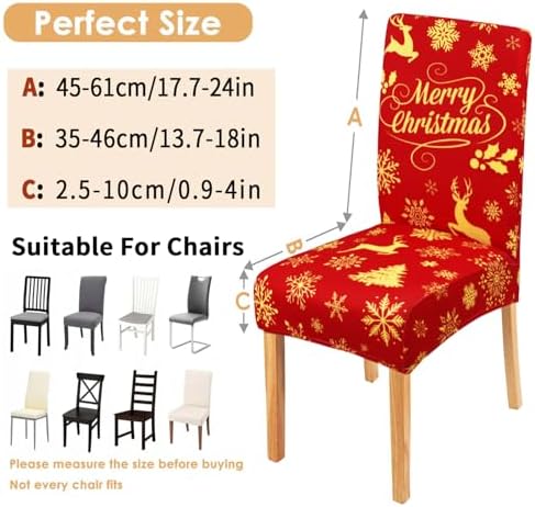 Merry Christmas Chair Covers Set of 6,Xmas Snowflake Elk Dining Chair Slipcovers,Elastic Removable Washable Dining Parsons Chair Protectors,Christmas Decor for Home Red
