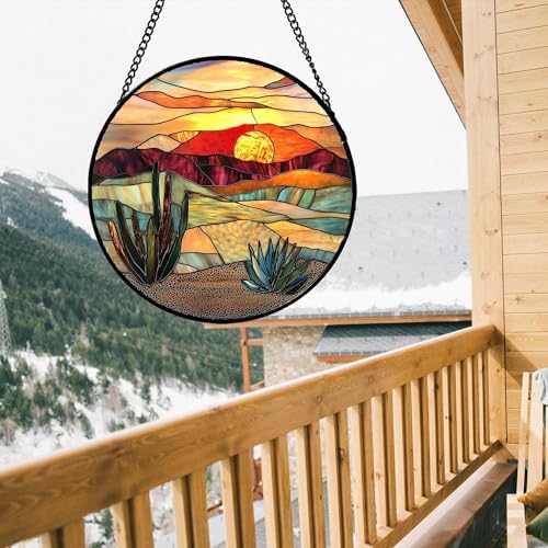 Desert Cactus Stained Glass Window Hanging Suncatcher Gifts for Women 7.8"