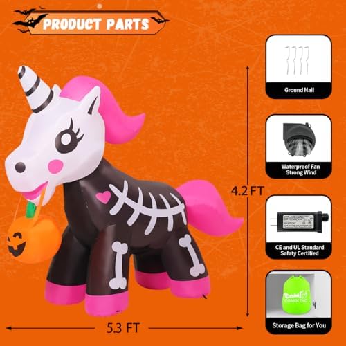 COMIN 5 FT Halloween Inflatables Skeleton Unicorn Outdoor Decorations Blow Up Yard Pink Cute with Built-in LEDs for Indoor Party Garden Lawn Decor