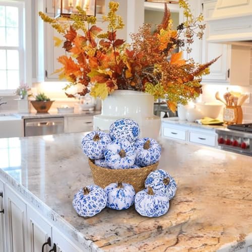 GnFlus Fake Pumpkin Decor 8 Pcs Faux Pumpkins Small Blue and White Velvet Pumpkins Mini Artificial Pumpkin Fall Decorations for Home Table Farmhouse Mantel Halloween Thanksgiving
