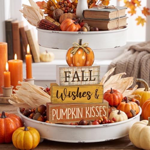 Moucuny 4 Pcs Fall Pumpkin Decor Fall Decorations for Home Wooden Pumpkin Decor Thanksgiving Table Centerpiece Rustic